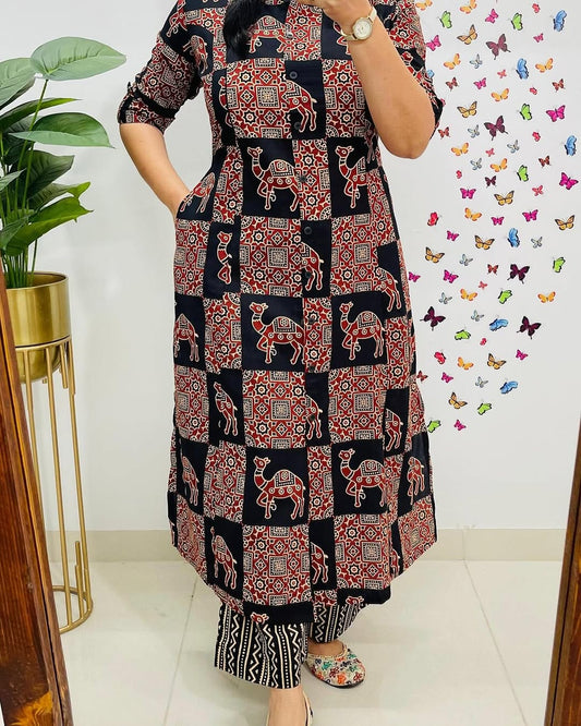 Premium Pure Cotton Floral Printed Kurti Palazzo Co-ord Set