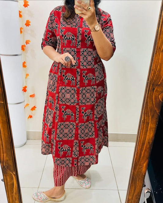 Premium Pure Cotton Floral Printed Kurti Palazzo Co-ord Set