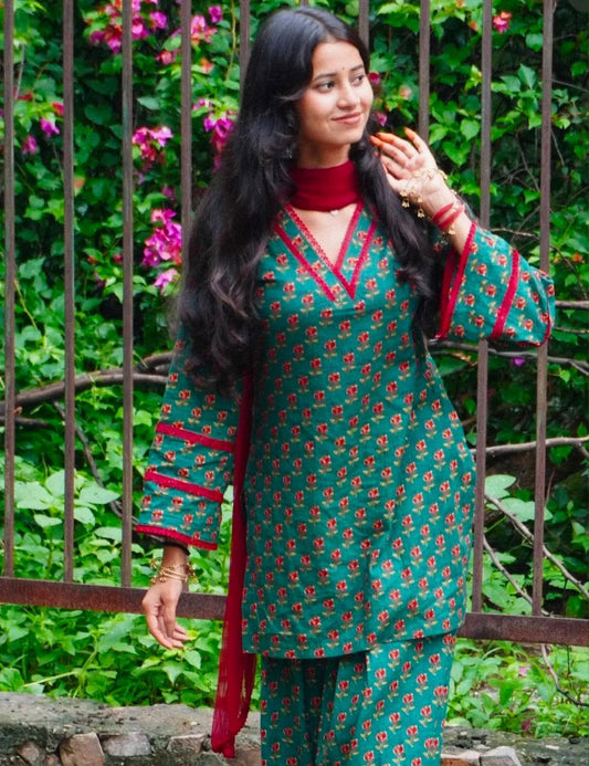 Cotton Block Print Kurti with Farshi Salwar Set
