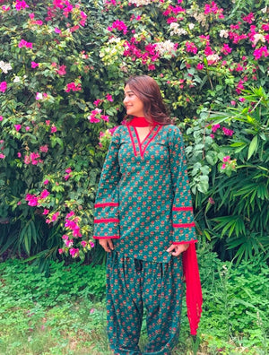 Cotton Block Print Kurti with Farshi Salwar Set