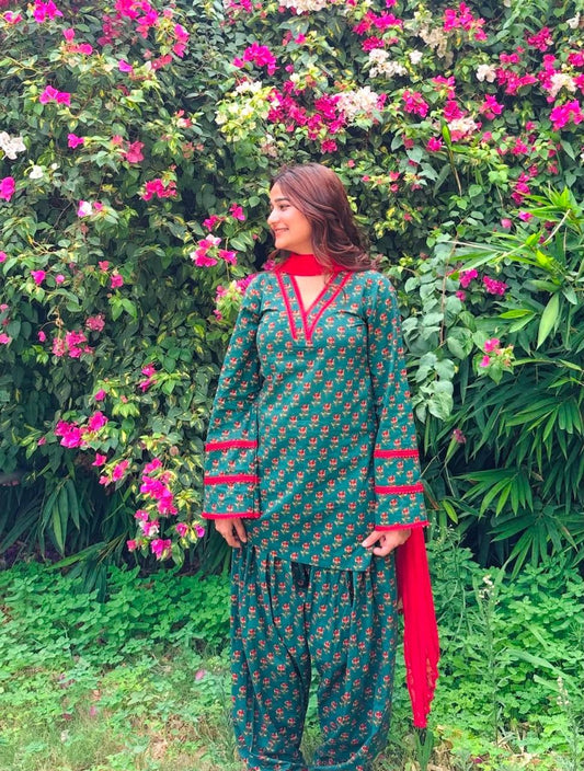 Cotton Block Print Kurti with Farshi Salwar Set