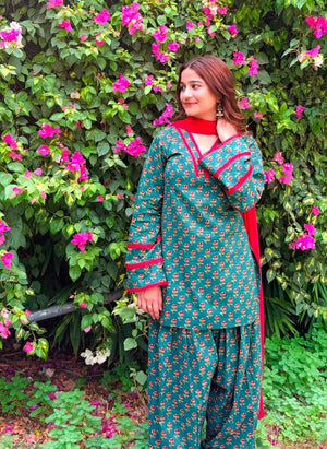 Cotton Block Print Kurti with Farshi Salwar Set