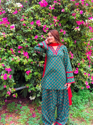 Cotton Block Print Kurti with Farshi Salwar Set