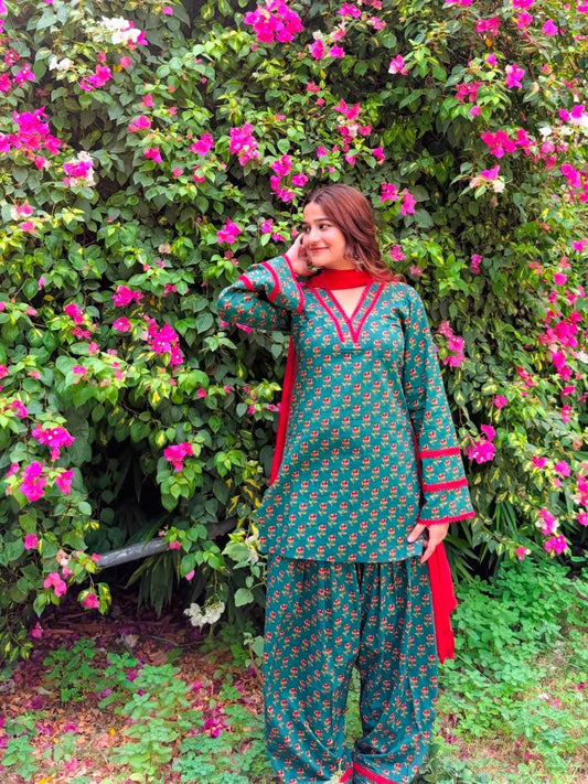 Cotton Block Print Kurti with Farshi Salwar Set
