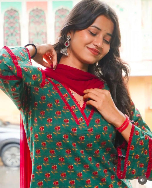 Cotton Block Print Kurti with Farshi Salwar Set