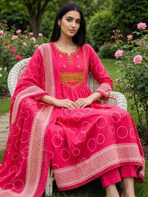 Heavy Cotton Embroidered A-Line Kurti Pant Dupatta Set