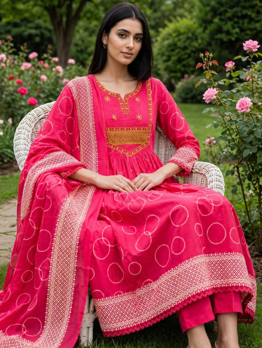 Heavy Cotton Embroidered A-Line Kurti Pant Dupatta Set