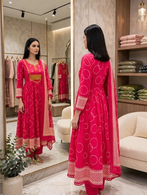 Heavy Cotton Embroidered A-Line Kurti Pant Dupatta Set