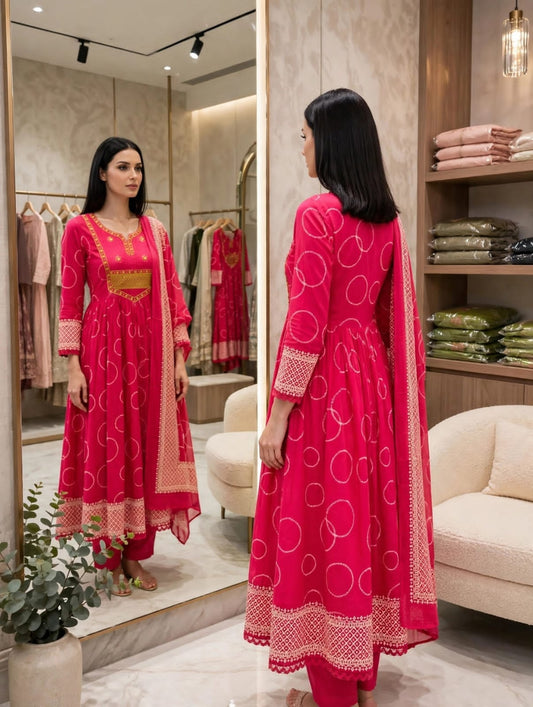 Heavy Cotton Embroidered A-Line Kurti Pant Dupatta Set