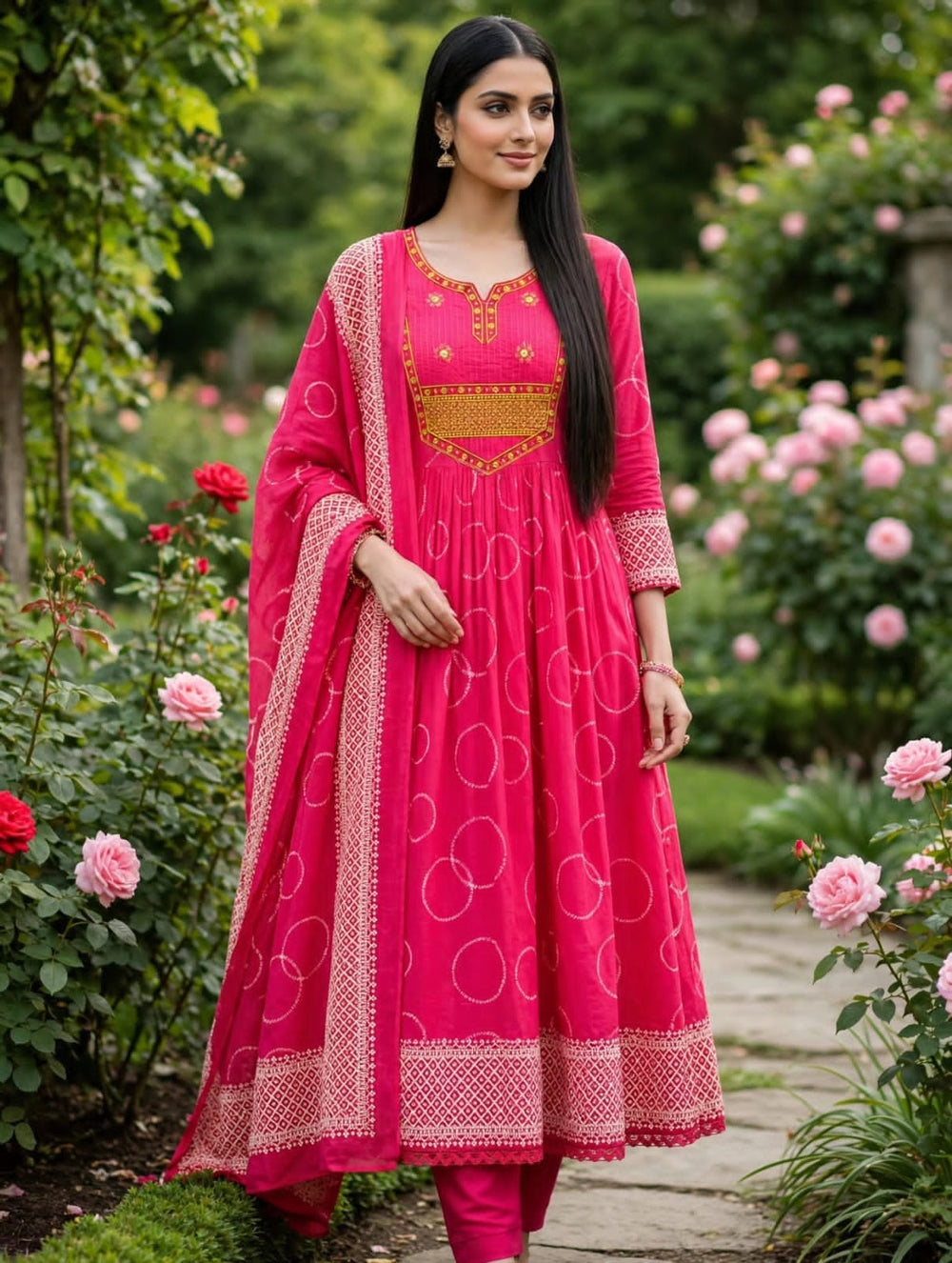 Heavy Cotton Embroidered A-Line Kurti Pant Dupatta Set