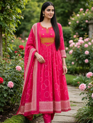 Heavy Cotton Embroidered A-Line Kurti Pant Dupatta Set
