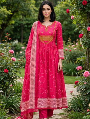Heavy Cotton Embroidered A-Line Kurti Pant Dupatta Set