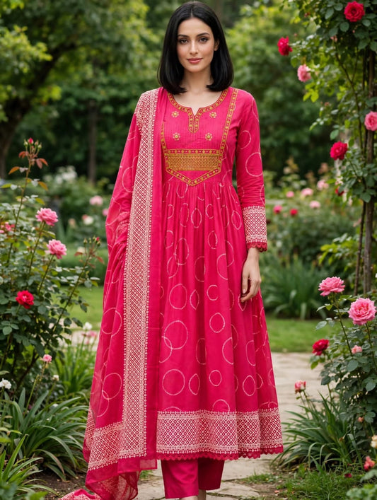 Heavy Cotton Embroidered A-Line Kurti Pant Dupatta Set