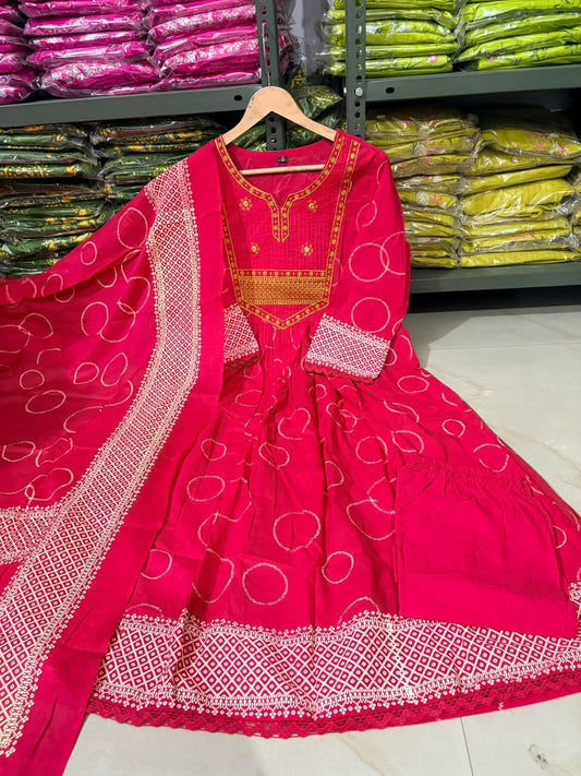 Heavy Cotton Embroidered A-Line Kurti Pant Dupatta Set