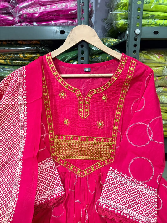 Heavy Cotton Embroidered A-Line Kurti Pant Dupatta Set