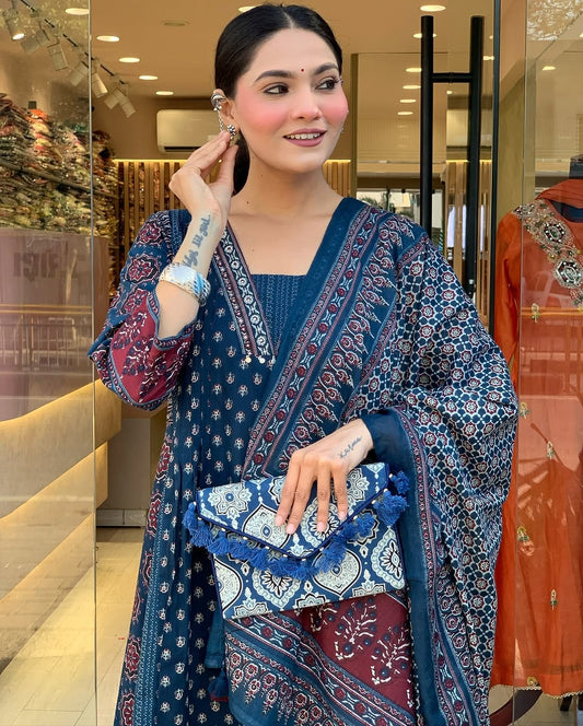 Premium Heavy Cotton Printed Kurti Palazzo Set with Malmal Dupatta