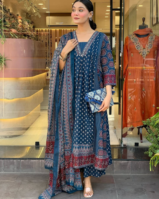 Premium Heavy Cotton Printed Kurti Palazzo Set with Malmal Dupatta