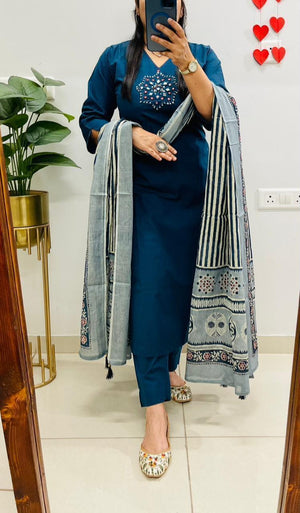 Elegant Olive & Petrol Blue Embroidered Kurta Pant Set with Dupatta