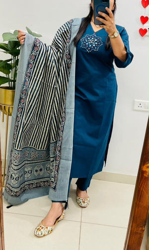 Elegant Olive & Petrol Blue Embroidered Kurta Pant Set with Dupatta