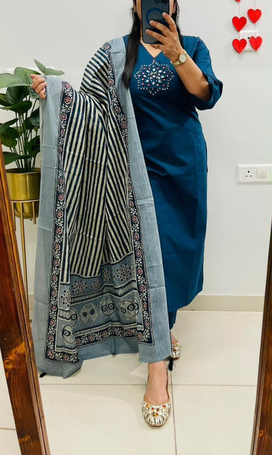 Elegant Olive & Petrol Blue Embroidered Kurta Pant Set with Dupatta