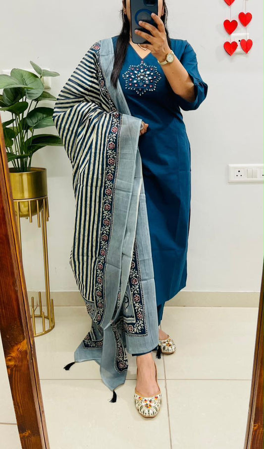Elegant Olive & Petrol Blue Embroidered Kurta Pant Set with Dupatta