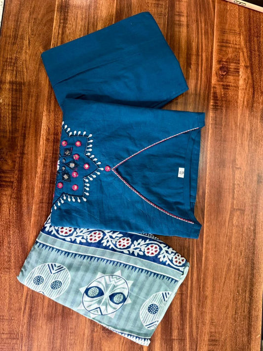 Elegant Olive & Petrol Blue Embroidered Kurta Pant Set with Dupatta