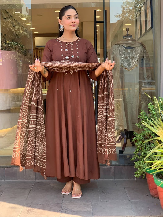 Elegant Coffee Brown Cotton Embroidered A-Line Kurti Set with Dupatta