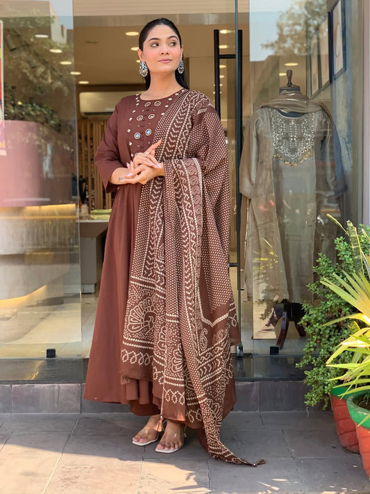 Elegant Coffee Brown Cotton Embroidered A-Line Kurti Set with Dupatta