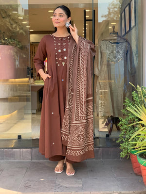 Elegant Coffee Brown Cotton Embroidered A-Line Kurti Set with Dupatta
