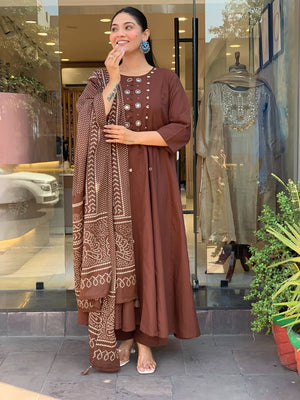 Elegant Coffee Brown Cotton Embroidered A-Line Kurti Set with Dupatta