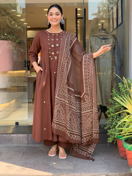 Elegant Coffee Brown Cotton Embroidered A-Line Kurti Set with Dupatta