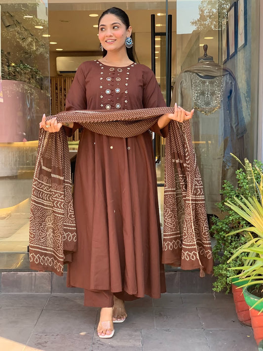 Elegant Coffee Brown Cotton Embroidered A-Line Kurti Set with Dupatta