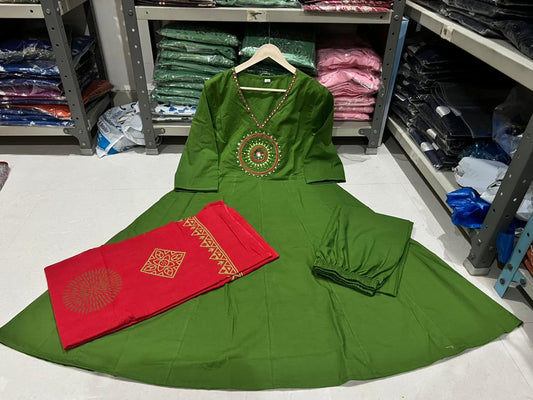 Elegant Cotton Anarkali Kurta Pant Set with Mirror Work & Dupatta