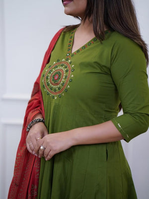 Elegant Cotton Anarkali Kurta Pant Set with Mirror Work & Dupatta