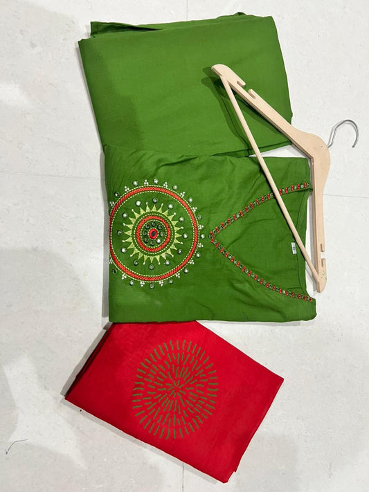 Elegant Cotton Anarkali Kurta Pant Set with Mirror Work & Dupatta