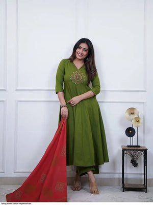 Elegant Cotton Anarkali Kurta Pant Set with Mirror Work & Dupatta