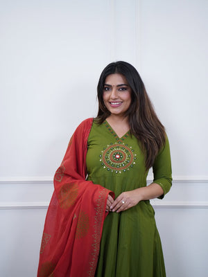 Elegant Cotton Anarkali Kurta Pant Set with Mirror Work & Dupatta