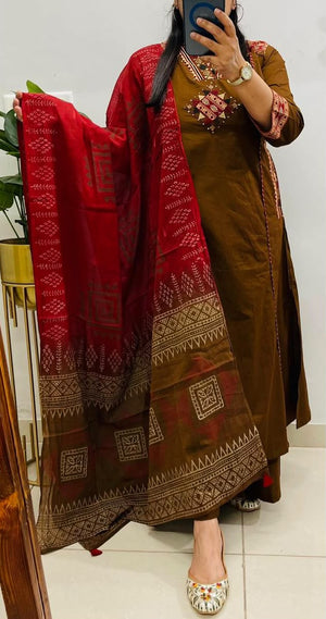 Premium Cotton Embroidered 3-Piece Ethnic Suit Set with Printed Mulmul Dupatta