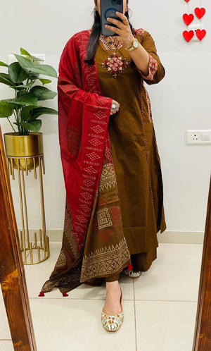 Premium Cotton Embroidered 3-Piece Ethnic Suit Set with Printed Mulmul Dupatta