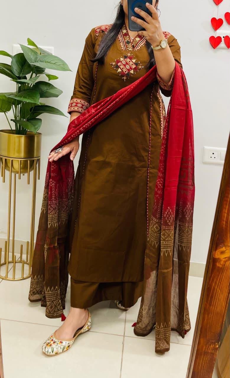 Premium Cotton Embroidered 3-Piece Ethnic Suit Set with Printed Mulmul Dupatta