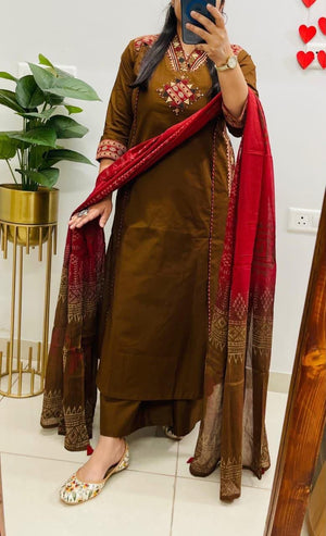Premium Cotton Embroidered 3-Piece Ethnic Suit Set with Printed Mulmul Dupatta