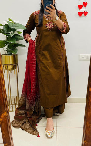 Premium Cotton Embroidered 3-Piece Ethnic Suit Set with Printed Mulmul Dupatta