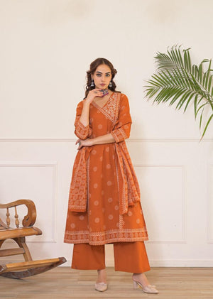 Angrakha Style Cotton A-Line Suit Set with Adda Work & Printed Dupatta