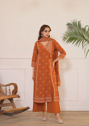 Angrakha Style Cotton A-Line Suit Set with Adda Work & Printed Dupatta