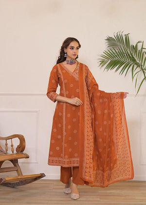 Angrakha Style Cotton A-Line Suit Set with Adda Work & Printed Dupatta