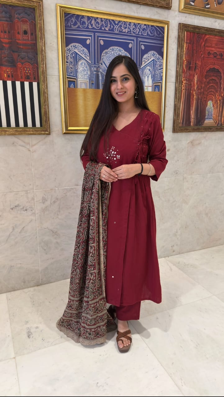 Sundari Kumkum Red Cotton 3-Piece Suit Set with Mirror Work & Angrakha Neckline