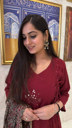 Sundari Kumkum Red Cotton 3-Piece Suit Set with Mirror Work & Angrakha Neckline