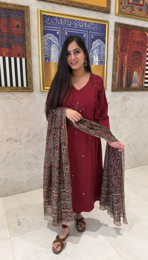 Sundari Kumkum Red Cotton 3-Piece Suit Set with Mirror Work & Angrakha Neckline