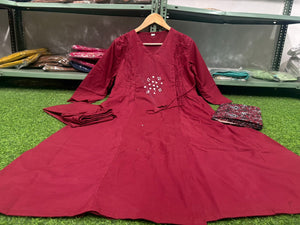 Sundari Kumkum Red Cotton 3-Piece Suit Set with Mirror Work & Angrakha Neckline