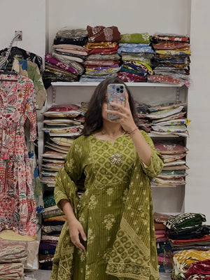 Designer Cotton Anarkali Suit Set with Handwork & Printed Mulmul Dupatta